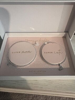 Katie Loxton Silver 'Super Mom' & 'Super Cute' Bracelet Set - Pink